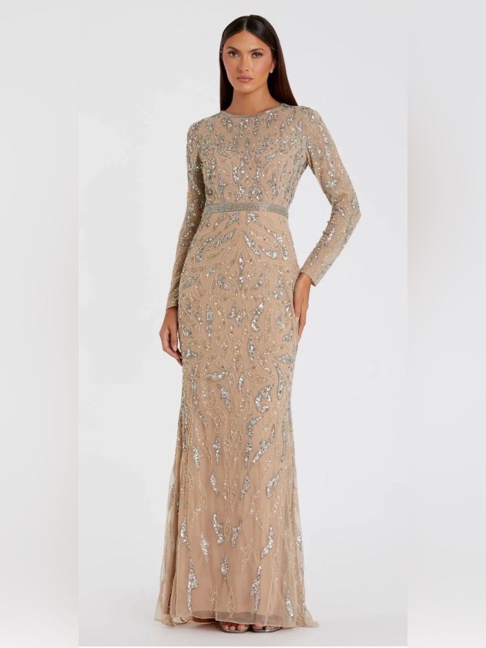 Mac Duggal Nude Beaded Long-Sleeve Evening Gown/ NWT / 8 / $598/ 5124
